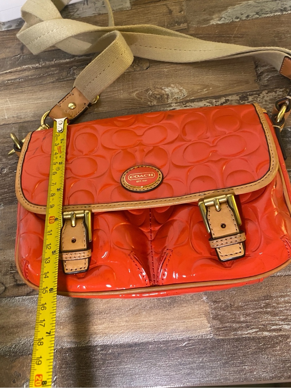 Coach Orange Patent Leather Signature Crossbody with Tan Trim - Picture 12 of 13